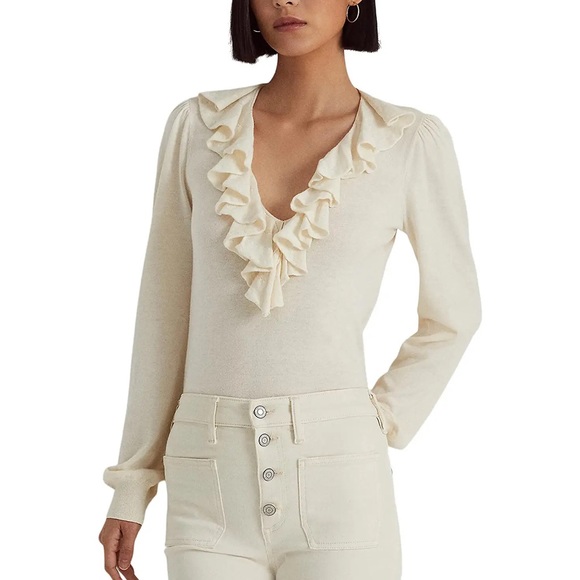 Lauren Ralph Lauren Sweaters - LAUREN Ralph Lauren Cream/White Ruffle Trim V-Neck Long Sleeve Shirt Siz…